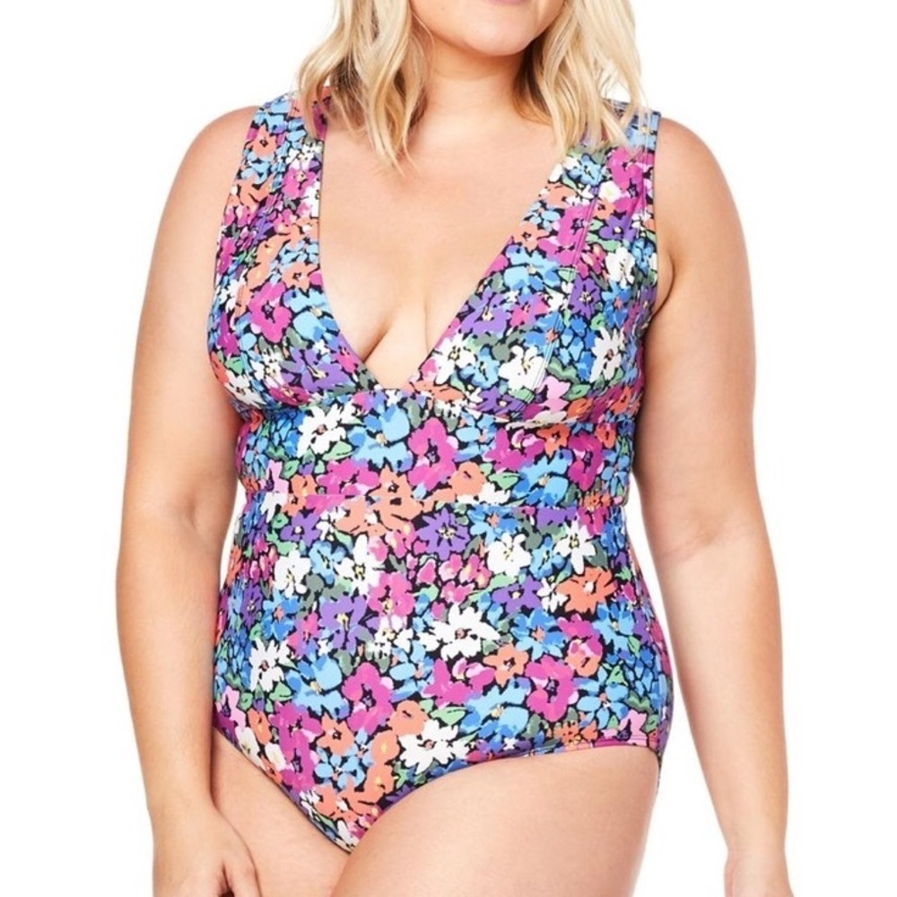 Andie Women 1X Bright Floral Plunge Neckline The Mykonos One Piece Swimsuit NWT